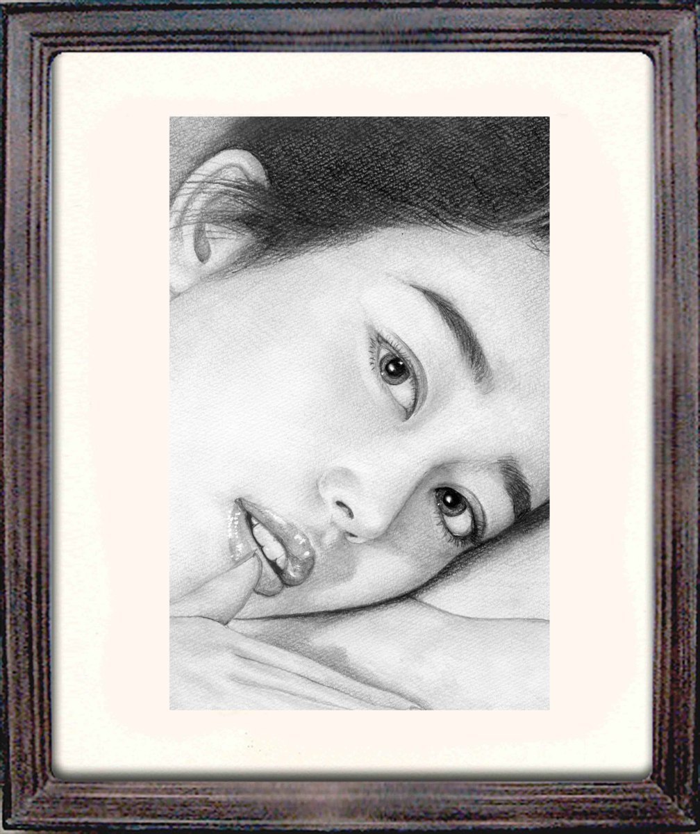 鉛筆画真作、デッサン画、石坂春生「婦人」 額装あり、人物画
