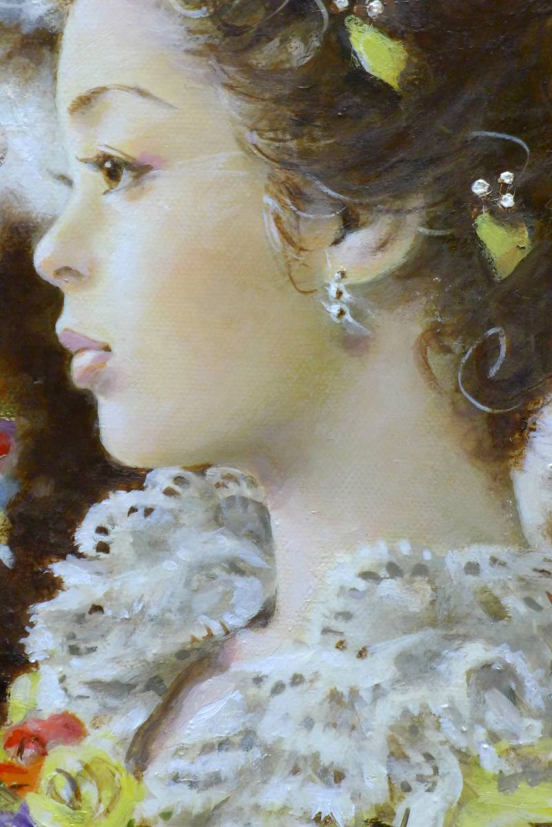 未使用】☆日高康志「真作」☆可愛い女性像☆油絵「啓」SM（サムホール