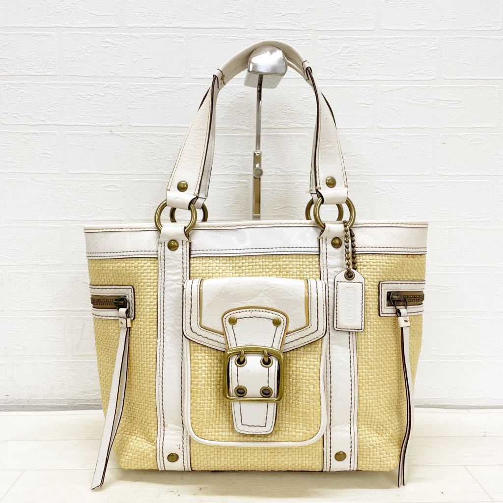 【やや傷や汚れあり】852★ COACH コーチ ハンドバッグ トートバッグ 編み込み レザー 切り替え レディース クリーム ホワイトの落札