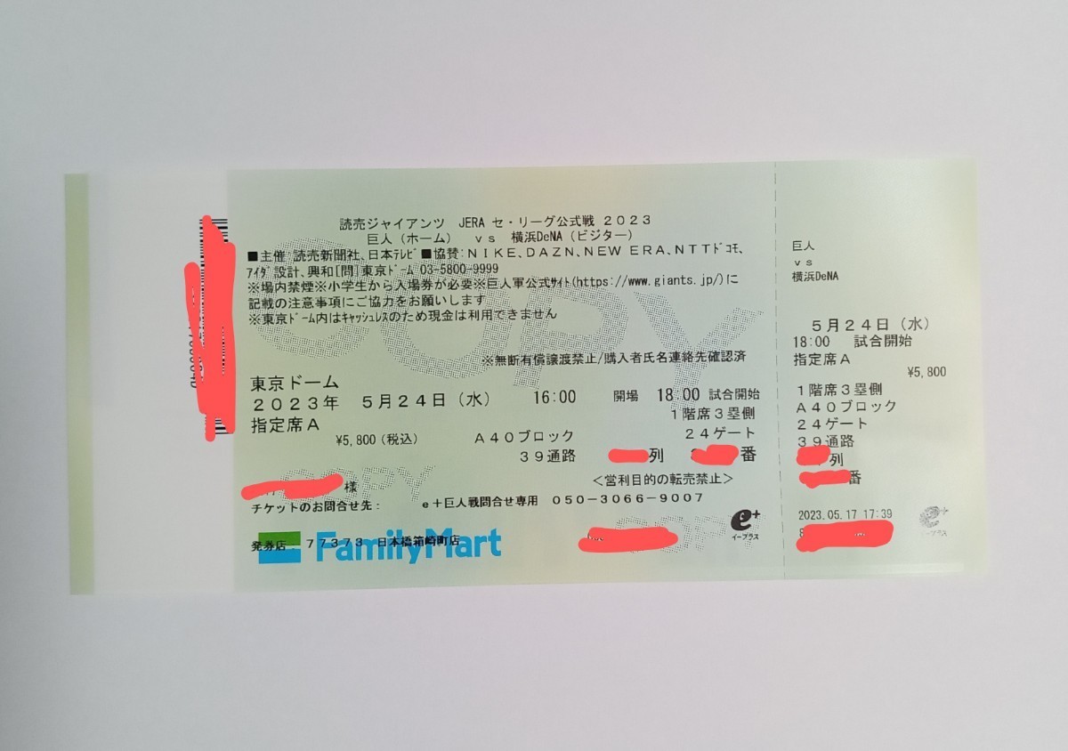 巨人戦 A 指定席(5800円)ペアチケット 巨人戦 A 指定席(5800円)ペアチケット