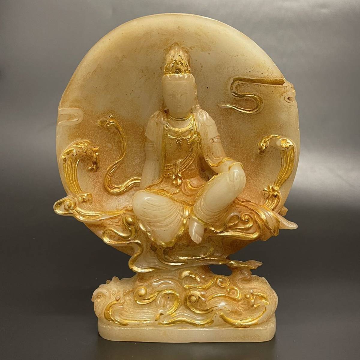 中国 仏像 観音菩薩 目立った傷や汚れなし】076 仏教美術 玉石彫刻 水