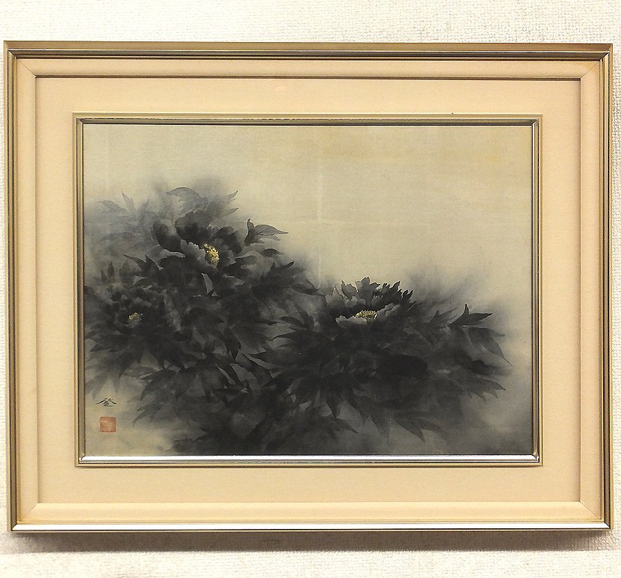 堅山南風　紙本彩色画花鳥図　【灰胡麻鳩之図】額装　共シール　鑑定シール在　478 堅山南風紙本彩色画花鳥図【灰胡麻鳩之図】額装共シール鑑定