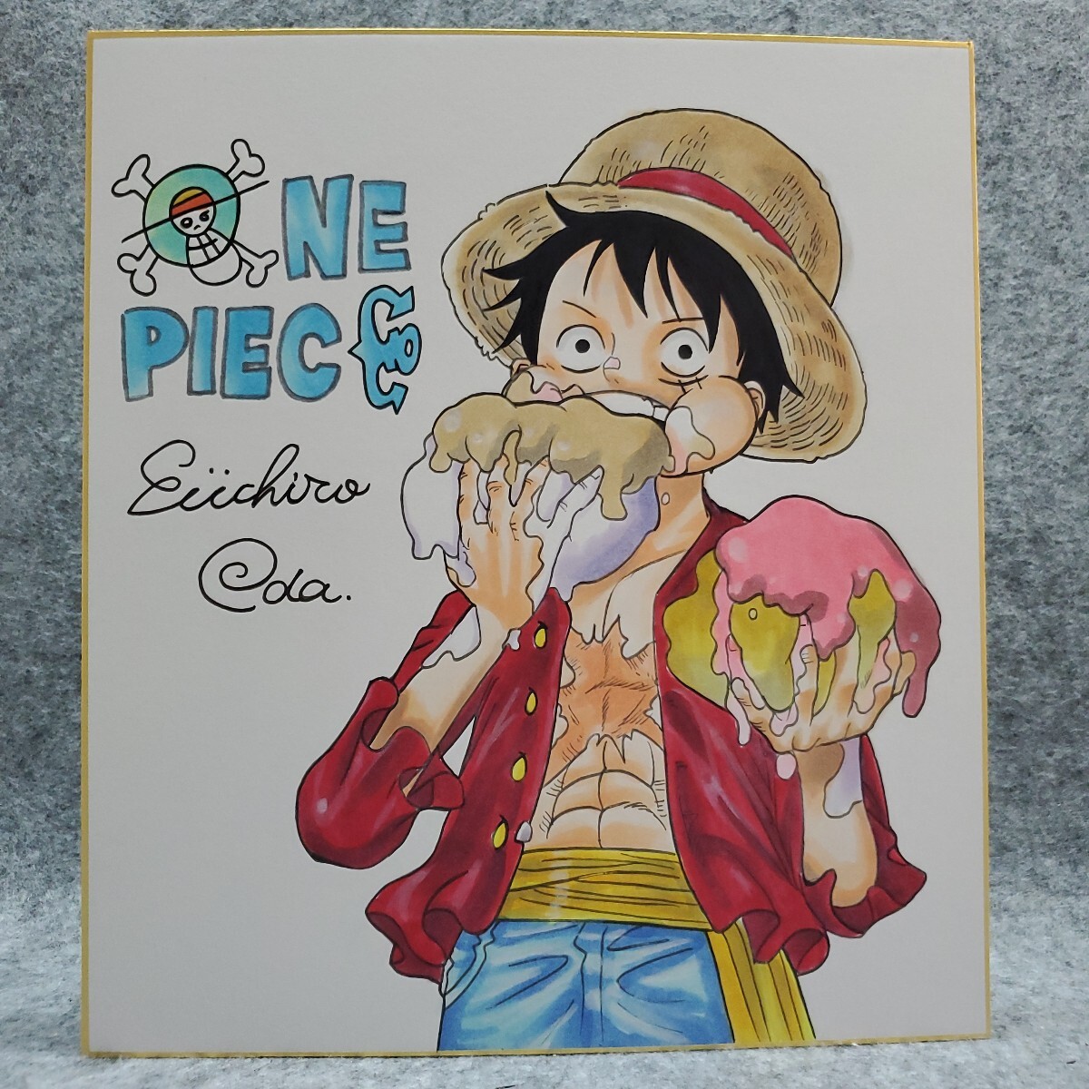 新品】ONE PIECE展 尾田栄一郎 GOLD版モンキー.D.ルフィ直筆サイン色紙