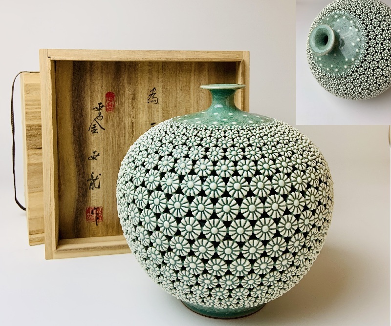 美品】 高麗青磁 海津作 壺 大花器 花入れ 花瓶 置物 陶器 網透かし