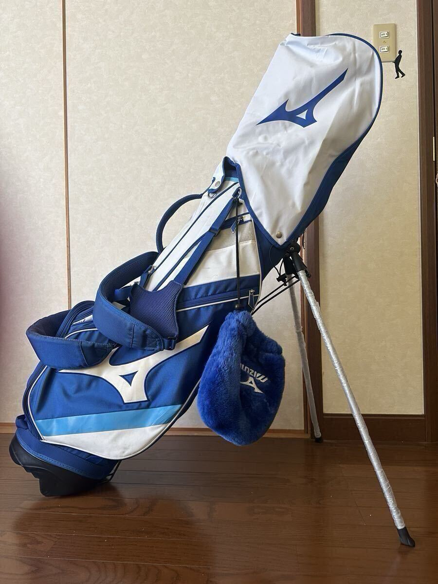 ミズノ キャディバッグ 白×青 タグ付き 未使用品 フード付 一部汚れ有 キャディバッグ モノグラムM ゴルフバッグ ホワイト×ブルー 5LGC261501