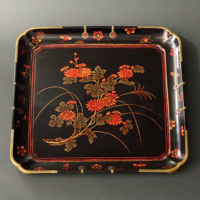桜m554/時代 琉球漆器 朱塗金彩沈金蒔絵楼閣山水図足付菓子鉢古琉球の