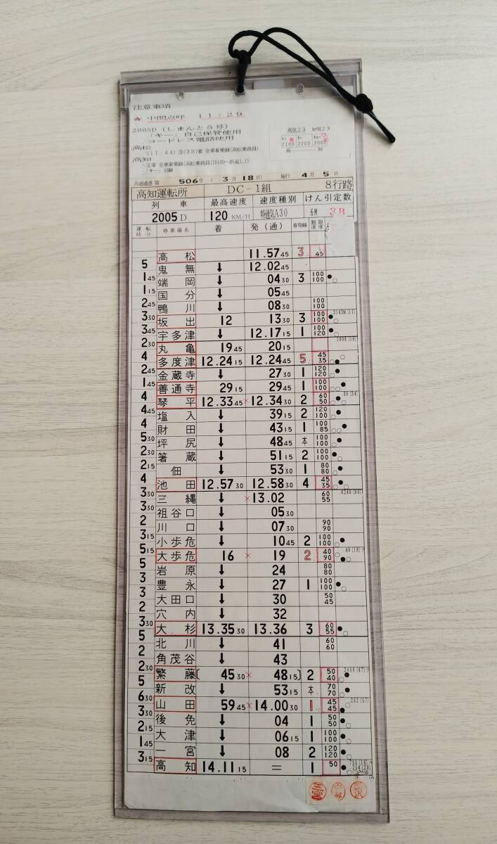 JR四国 高知運転所 運転士時刻表3枚 『特急しまんと12号』『普通