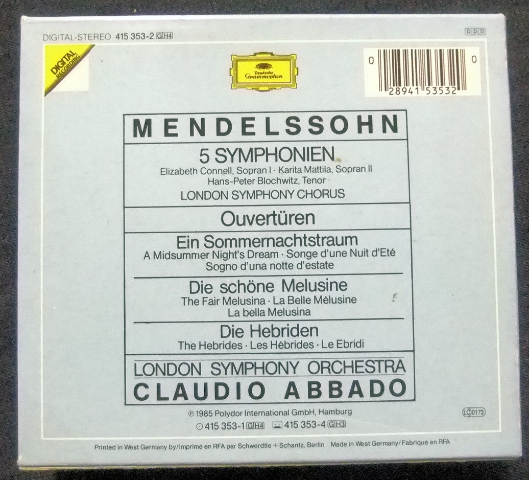 CD-BOX 4枚組 MENDELSSOHN 5 SYMPHONIEN CLAUDIO ABBADO