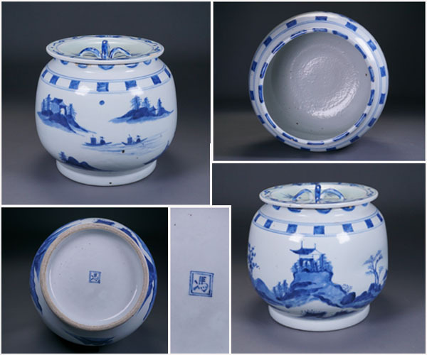 古多・神戸】馮高嶺 古染付写山水芋頭水指◇茶道具/中国/景徳鎮 写し