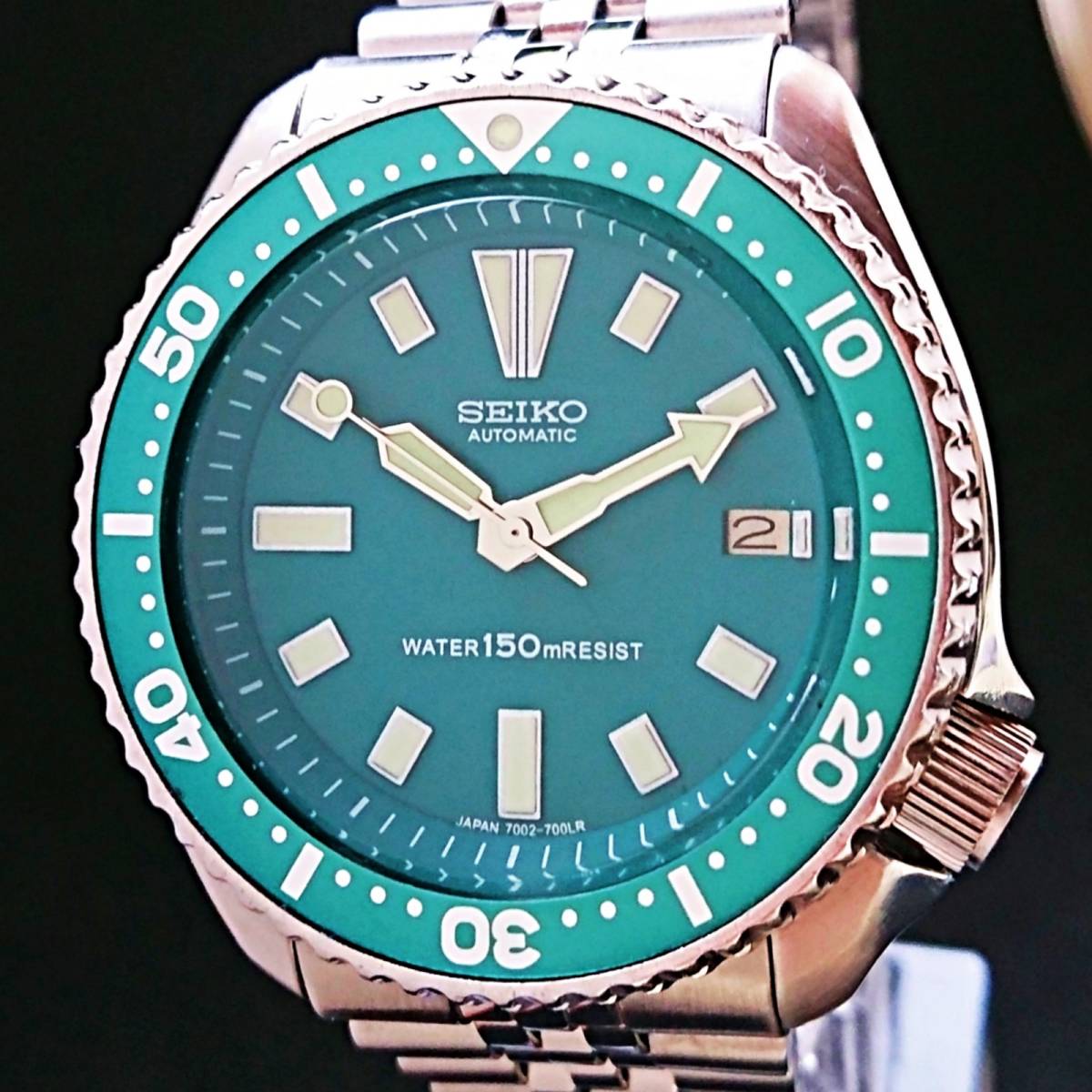【希少】セイコー　グリーン　自動巻　7002-7001 デイト　シルバー 希少】セイコー グリーン 自動巻 7002-7001 デイト シルバー