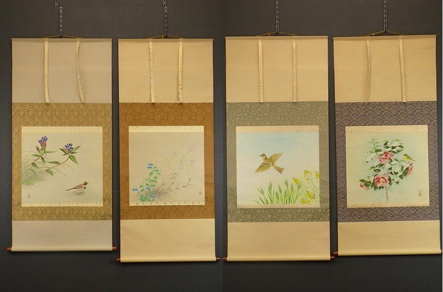 川端龍子　絹本色紙画【木版画手彩色花鳥12ヶ月】桐共箱　三越鑑製目録有　EA 川端龍子絹本色紙画【木版画手彩色花鳥12ヶ月】桐共箱三越鑑製