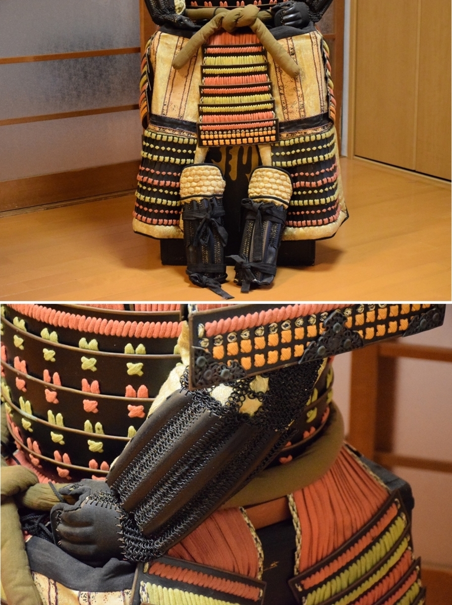 鎧兜一式 鎌倉様式 昭和初期作 鉄地十間星兜 丸に剣片喰紋 面頬 鎧櫃入