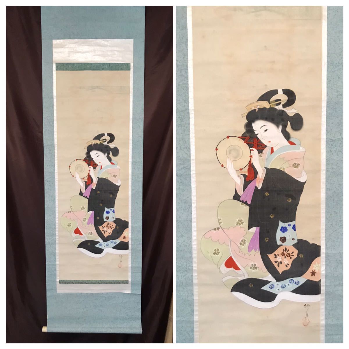 仏陀] 浮世絵「小鼓美人」絹本 肉筆 美人画 美人図 日本画 絵画 掛軸