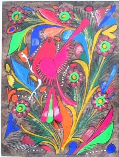 絵画】 ☆ アマテ絵 ☆ 額入り メキシコ土産 カラフルな鳥や花 民芸品
