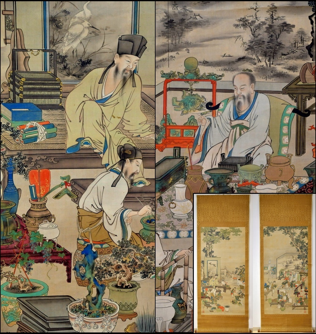 303 仙台藩御用絵師 菊田伊州 大幅 双幅 ○ 中国 書画 仙台四大絵師 