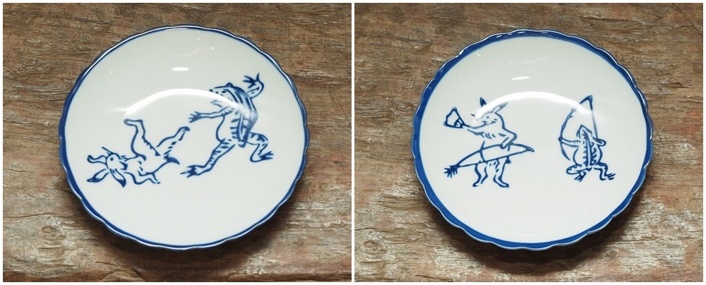 新品】☆値下げ☆鳥獣戯画 小皿 6枚セット 菊皿 縁起物 染付 和モダン