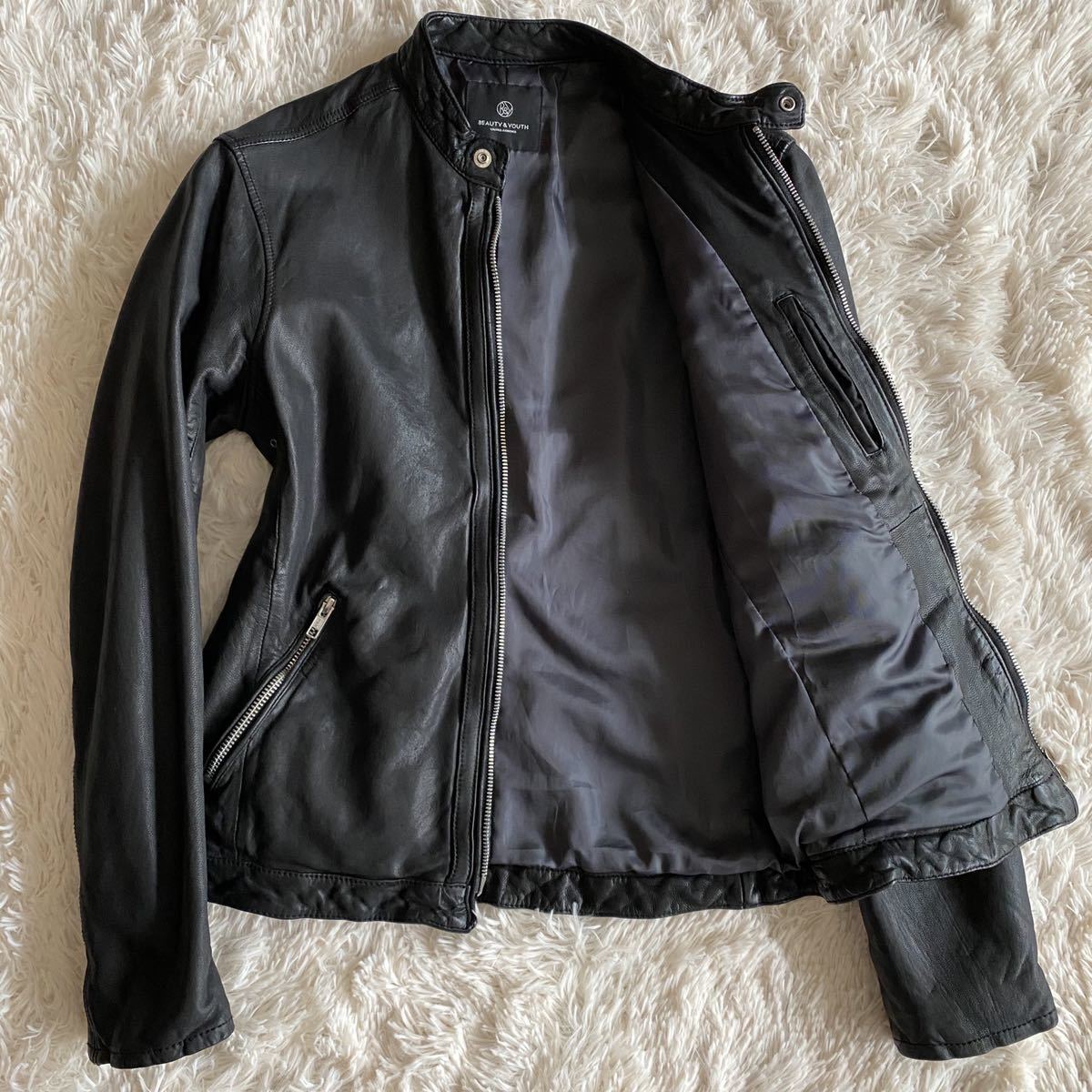 ユナイテッドアローズ レザージャケット 山羊 やぎ革 ライダース ブラック 黒S 希少色美品ユナイテッドアローズBEAUTY\u0026YOUTHヤギ革レザージャケット