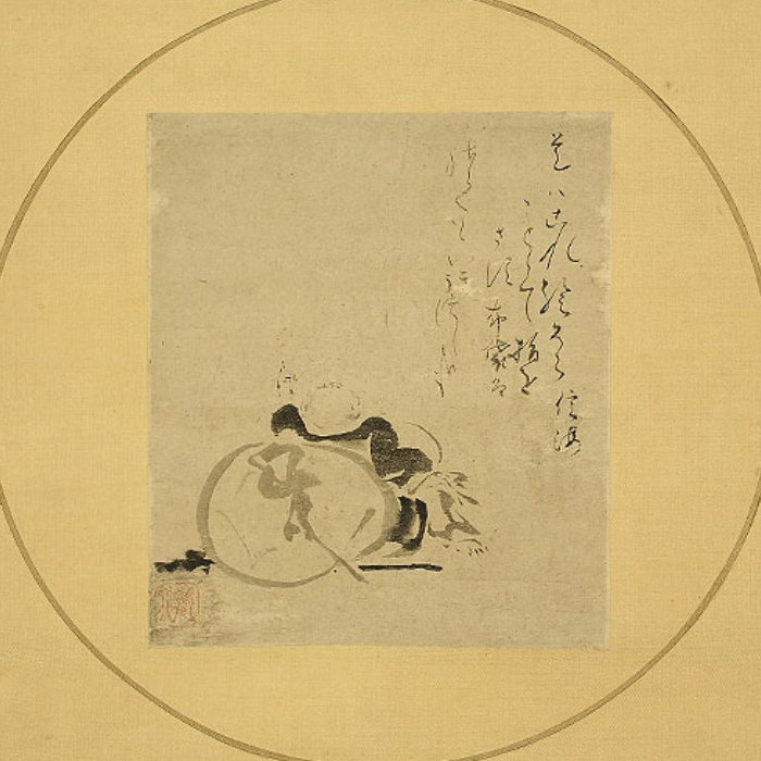 真作】森川許六「布袋指図」肉筆 紙本 水墨 掛軸 信満和歌賛 江戸初中