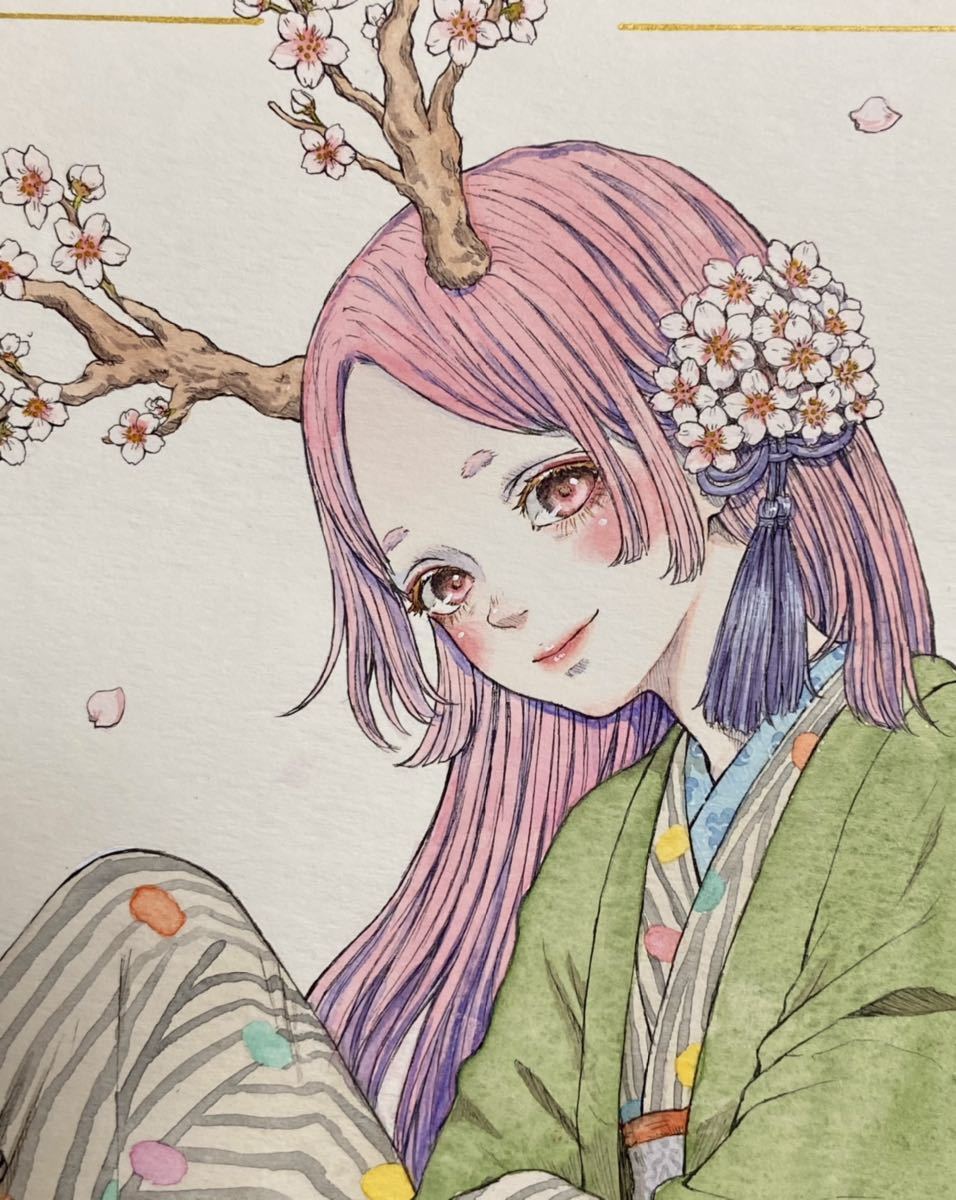 擬人化 手描き アナログイラスト 3 新品】オリジナル 透明水彩 桜 擬人化 F3 手描き アナログ