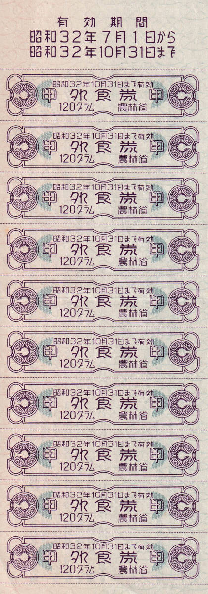 農林省 外食券 10枚つづり 昭和32年7月1日から昭和32年10月31日までの