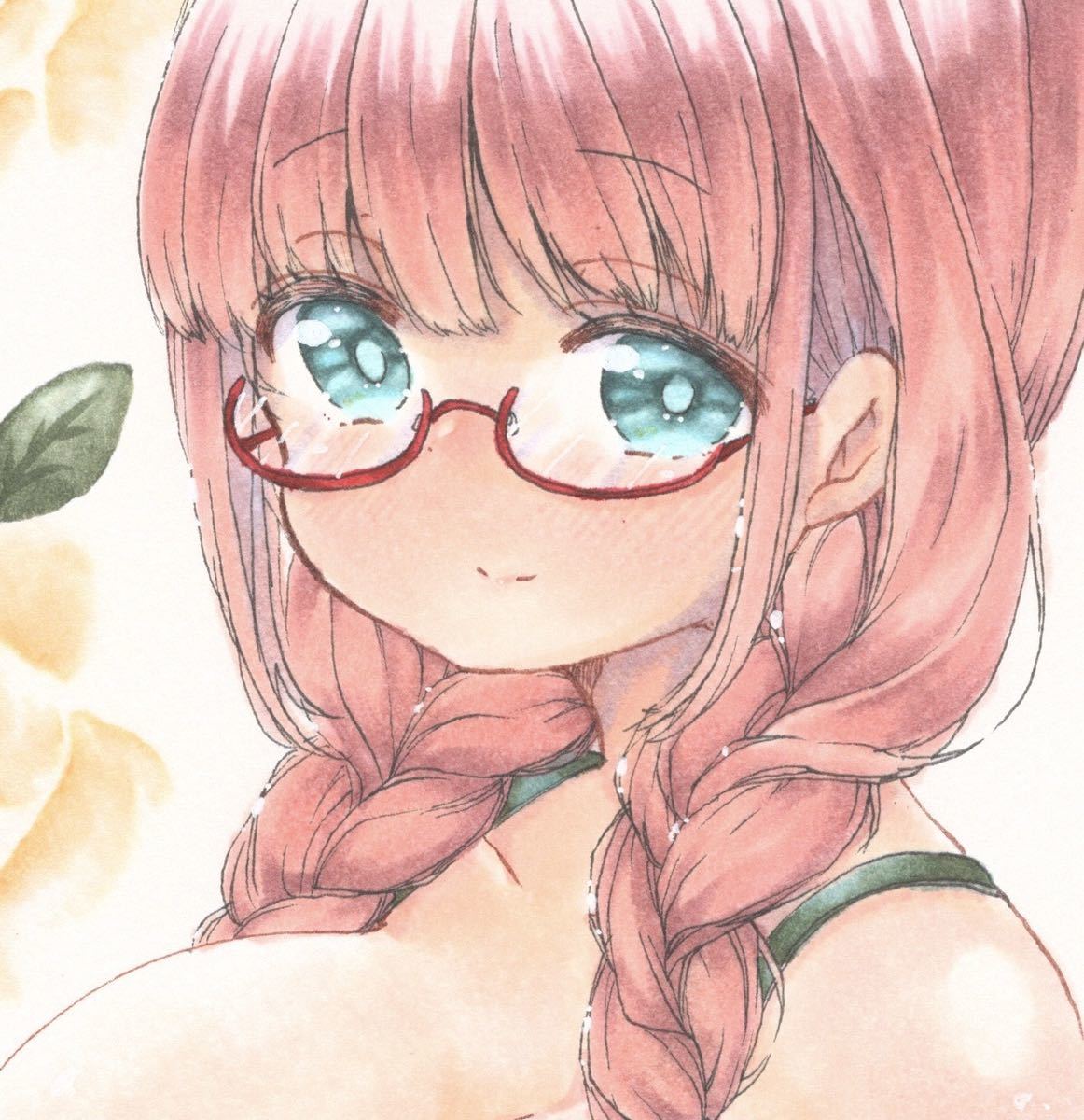 新品】オリジナル同人手描きイラスト☆女の子☆メガネ☆おさげ☆ブラ