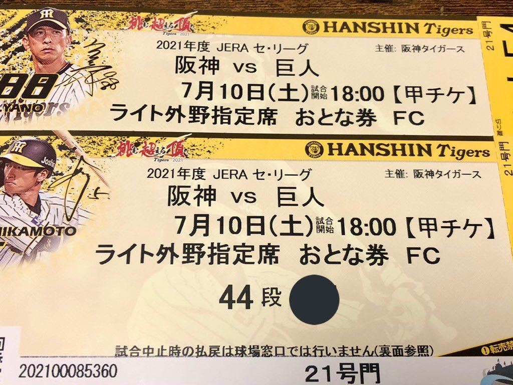 7月11日 阪神vs巨人 アイビーシート2枚