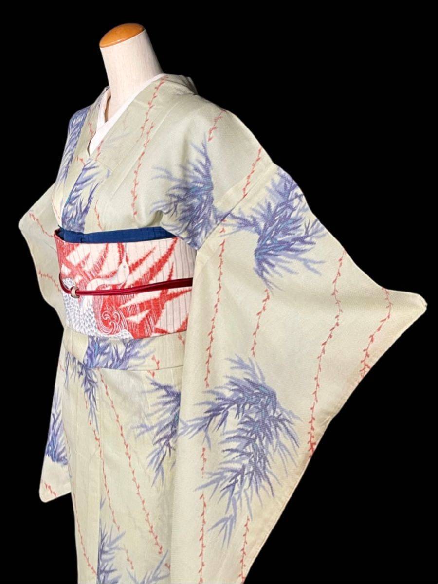 傷や汚れあり】【まり葉屋】アンティーク着物 夏銘仙 八王子銘仙 笹