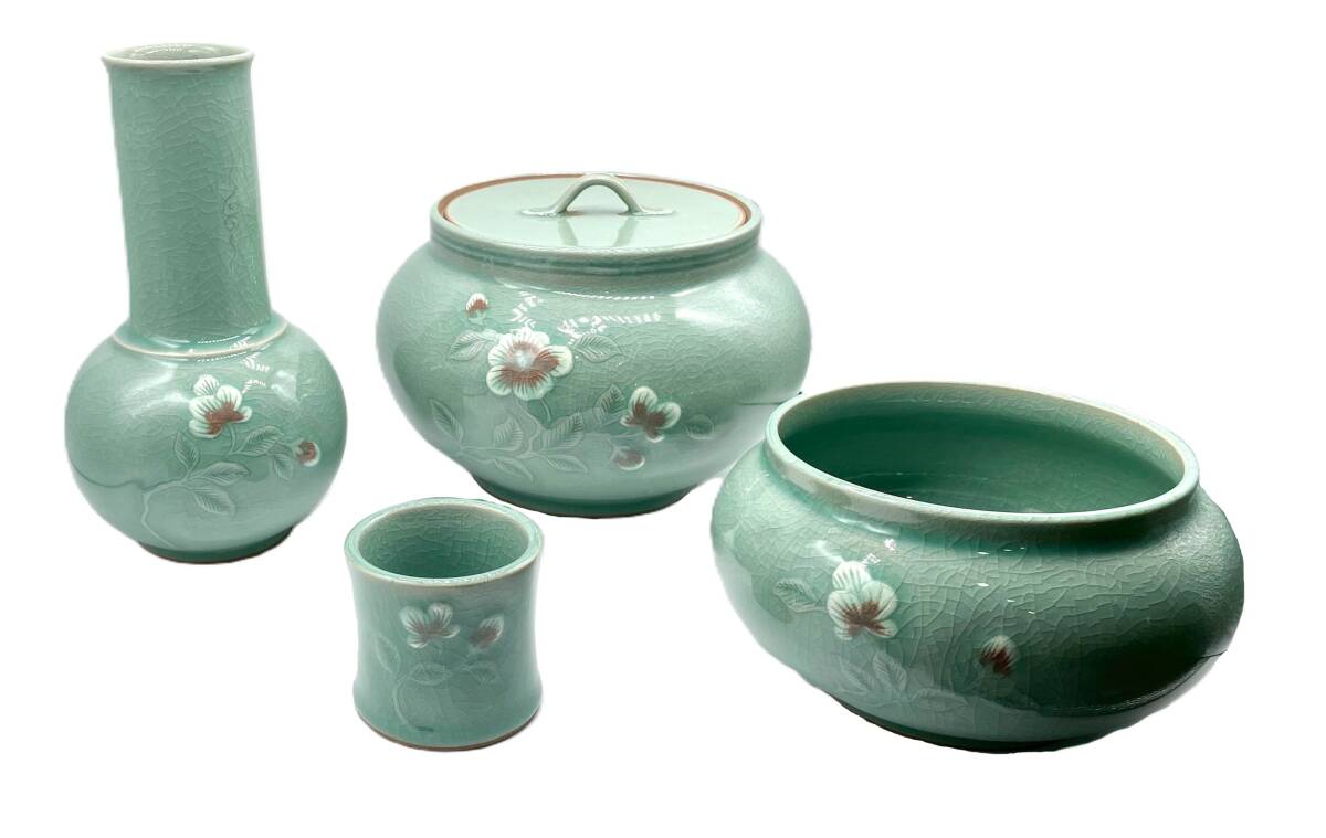 高麗青磁 恩峰 思峰 作 青磁 花瓶 花器 花入れ 壺 壷 鶴 双鶴 千羽鶴