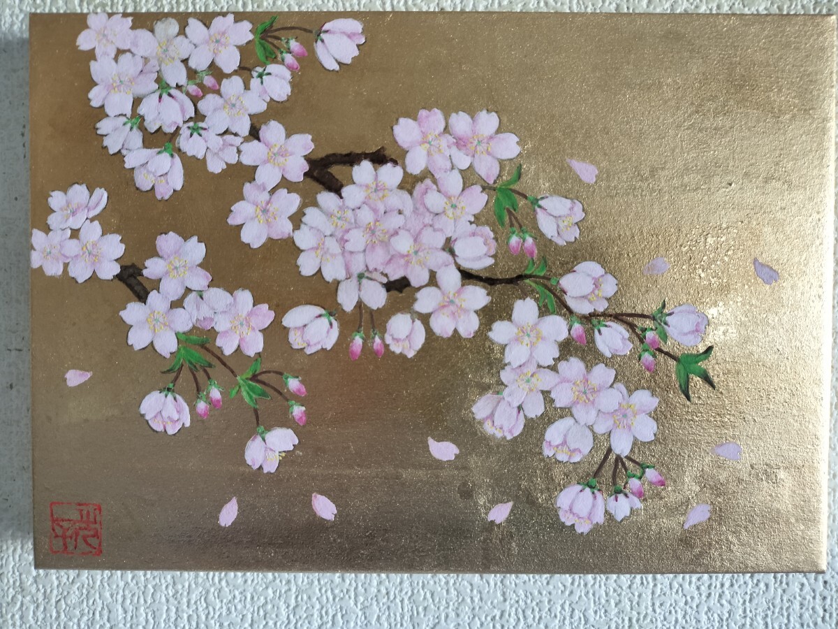 新品】日本画「蓮華」FSM号 ハスの花 金箔、岩絵の具 肉筆画