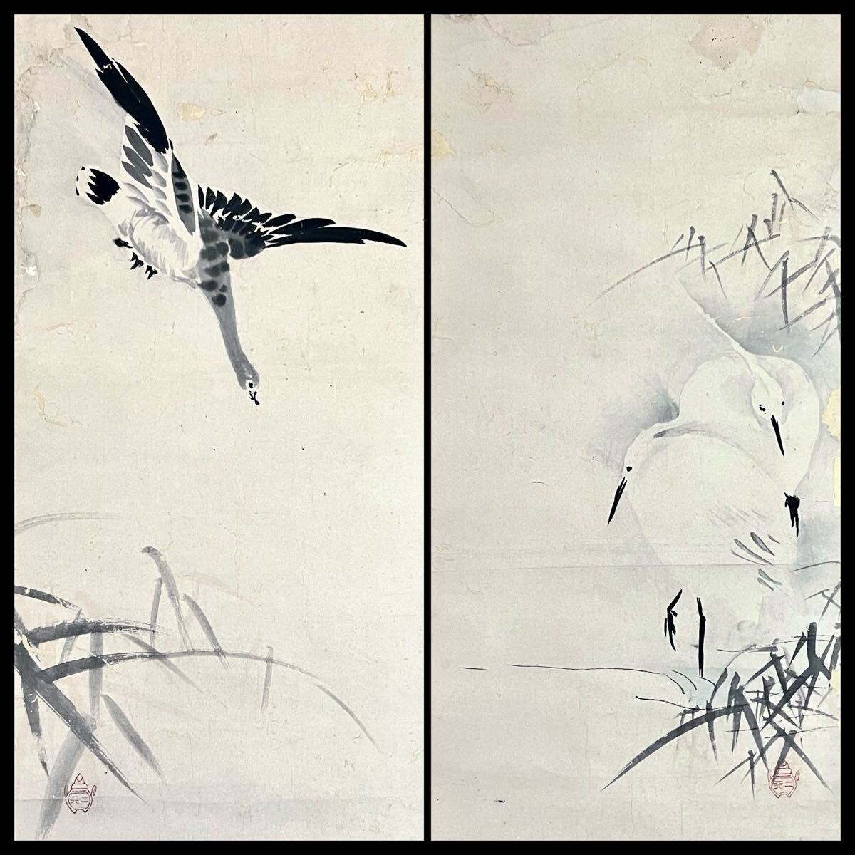 仏陀] 宮本武蔵 筆「布袋観闘鶏図」紙本 工芸 水墨画 人物 菩薩 花鳥