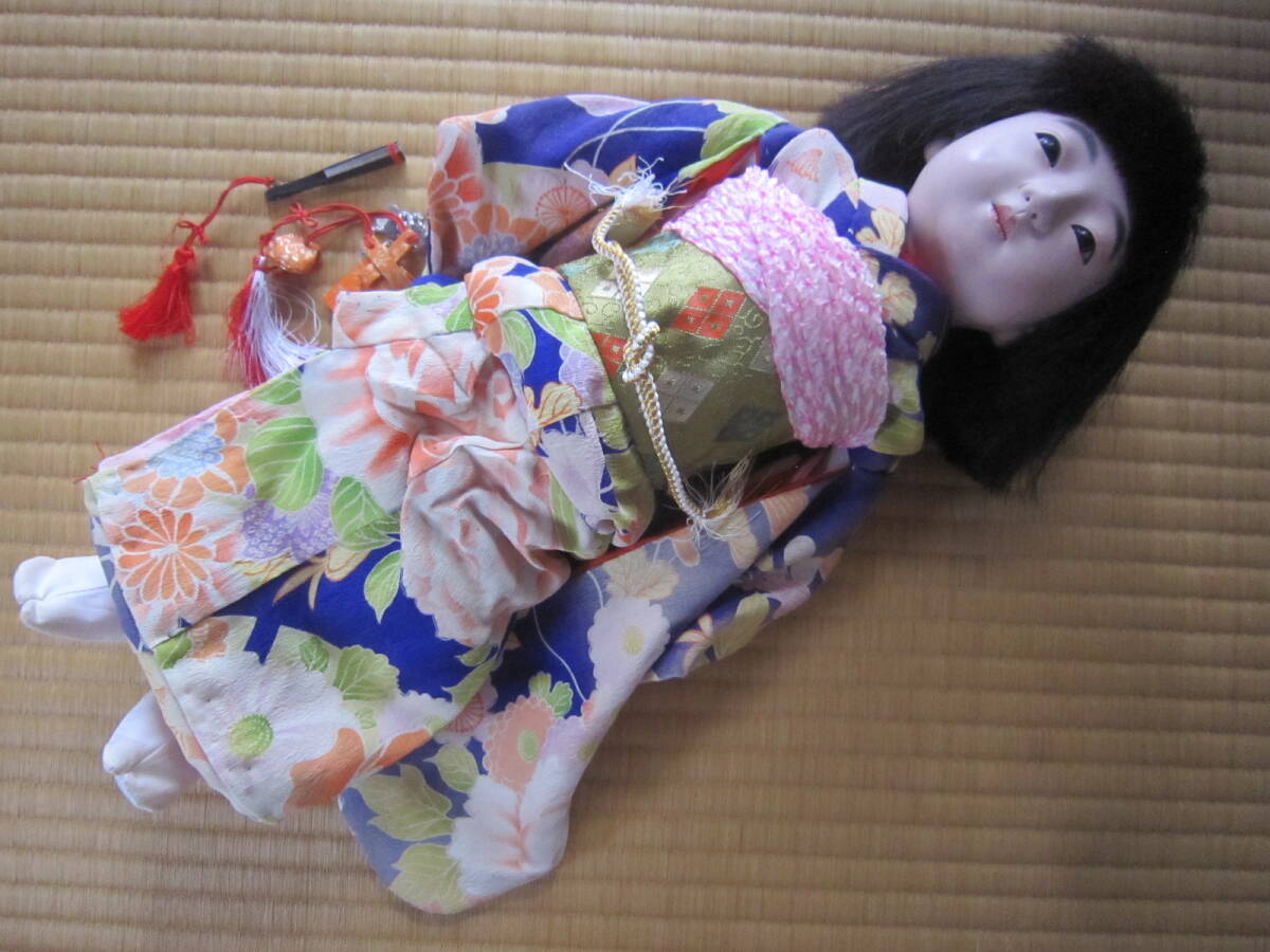 ④時代 豆市松人形☆市松人形を持った 丁髷の かわいい男の子 木製