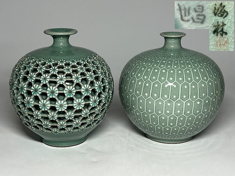 美品】 高麗青磁 海津作 壺 大花器 花入れ 花瓶 置物 陶器 網透かし
