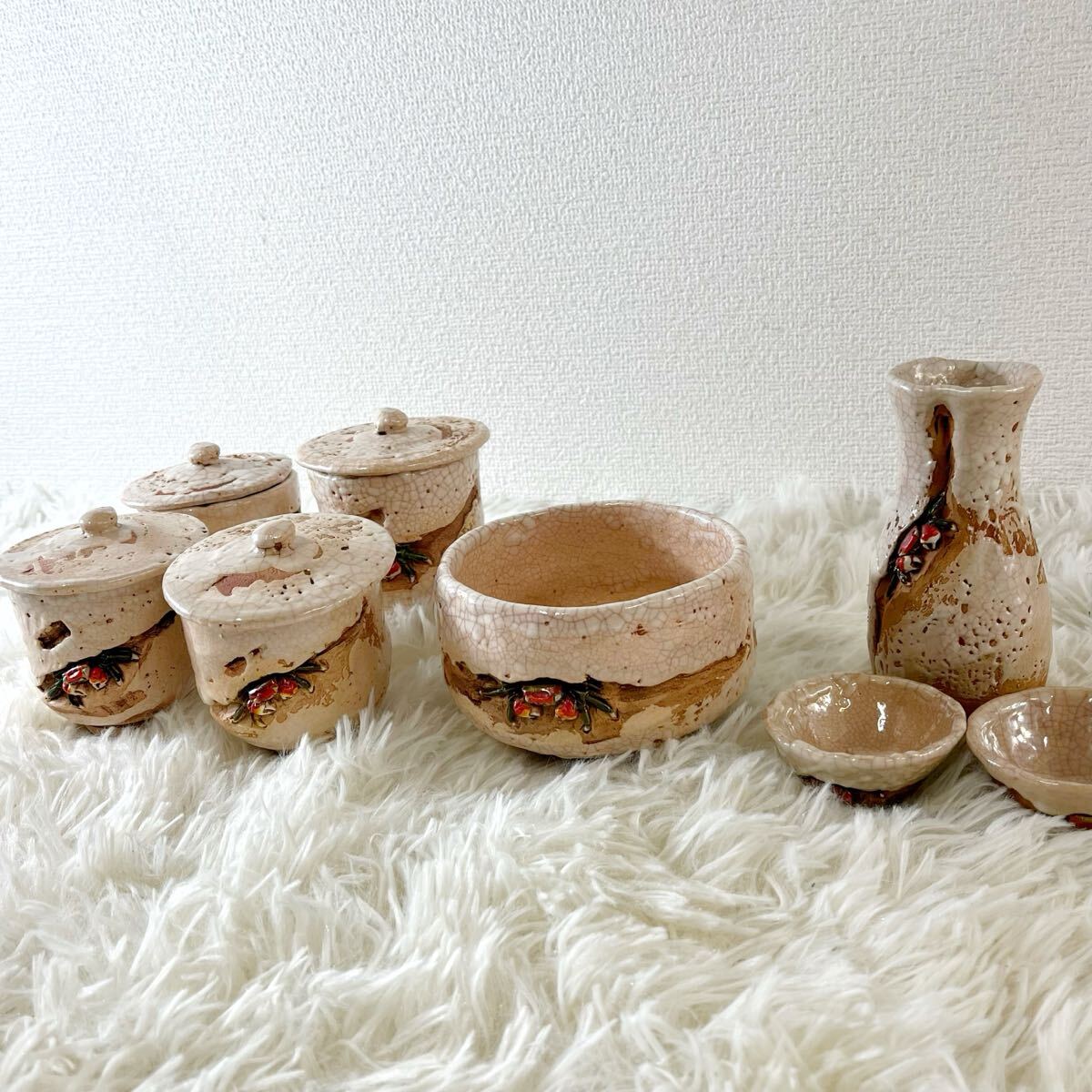 ☆極上密細工品【水月焼(好川恒方) 天神蟹彫夫婦湯呑】伊与松山/二六焼