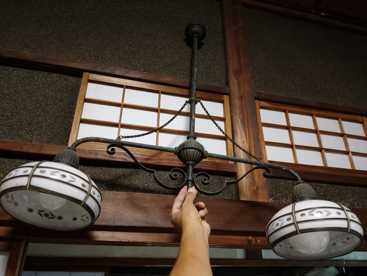 中古】*大正ロマン*電笠/ガラスシェード/乳白色/南瓜型/ぼんぼり/飾り