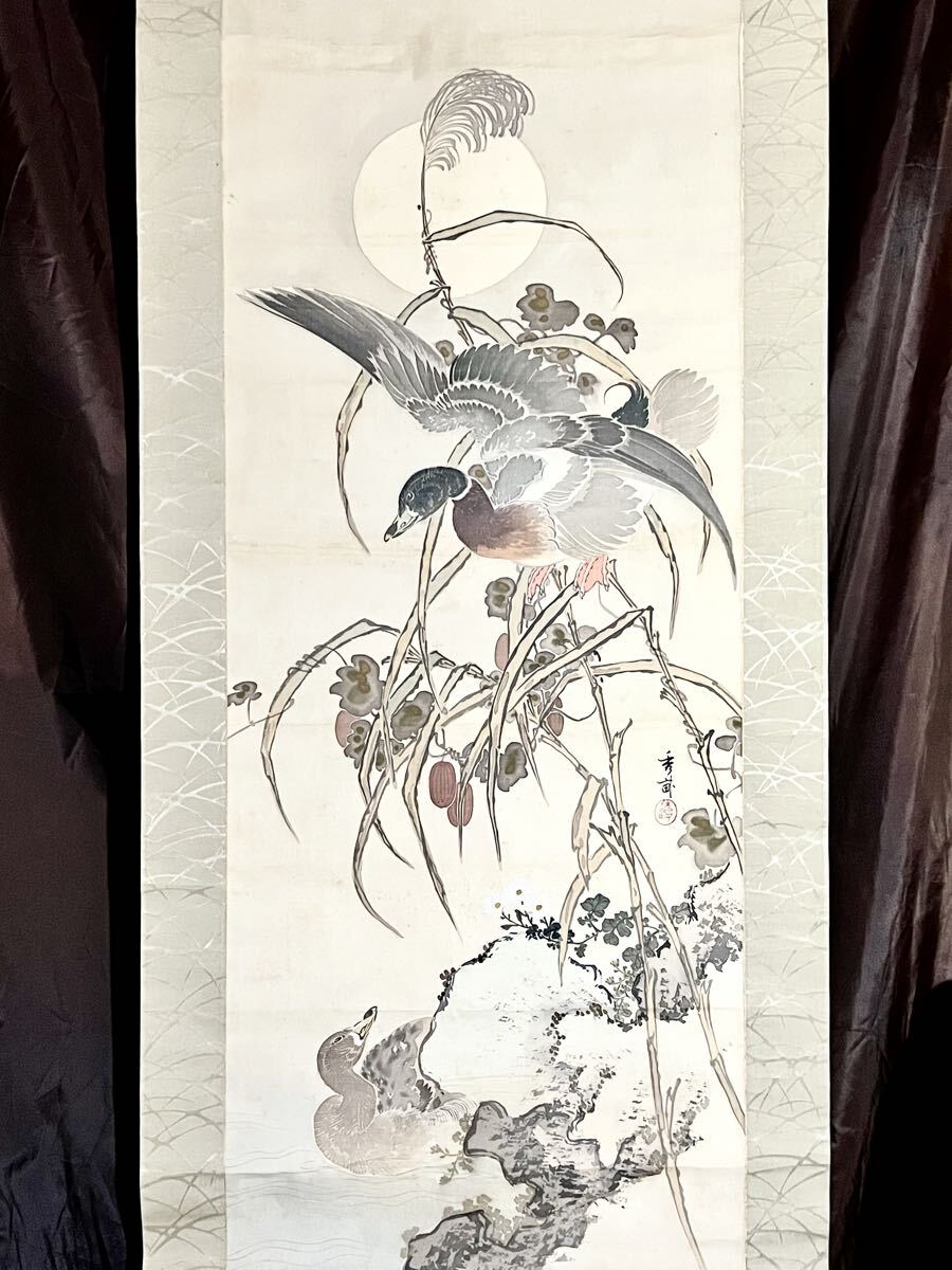掛軸 花鳥図 萱島秀山 落款あり 叭々鳥 日本画 やや傷や汚れあり】[真作] 萱島秀山「昇龍図」絹本 真筆肉筆 合箱 龍神