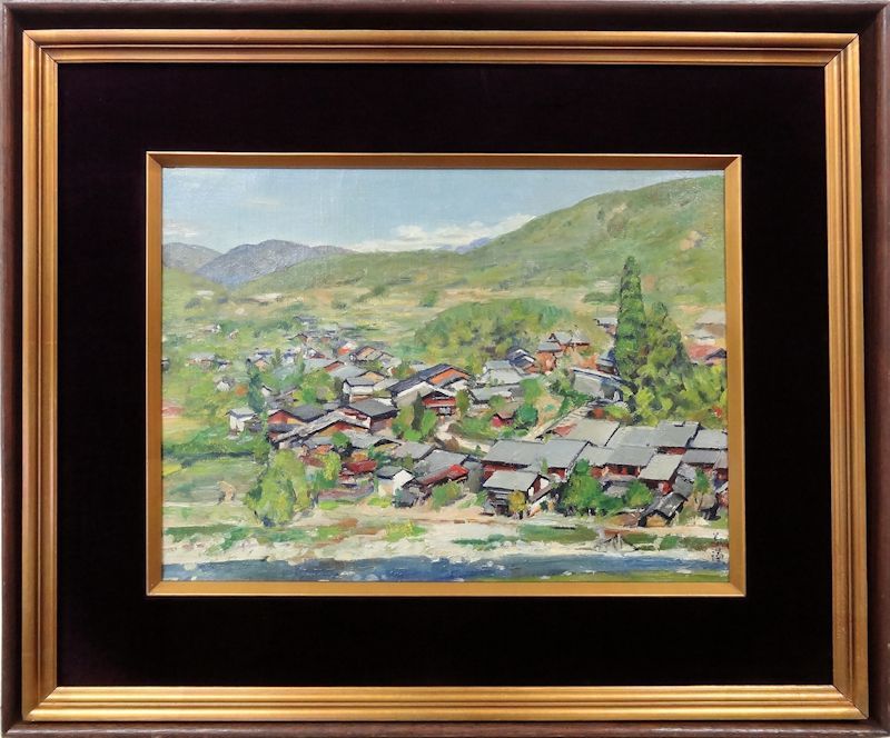 ☆古き良き絵 木下義謙 油彩画10号 「秋晴れの妻籠」 二科会賞受賞