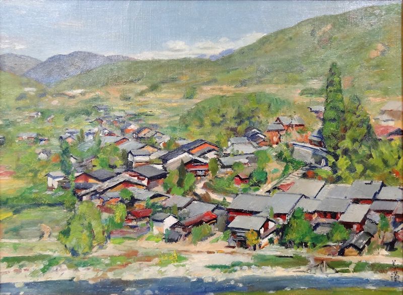 ☆古き良き絵 木下義謙 油彩画10号 「秋晴れの妻籠」 二科会賞受賞