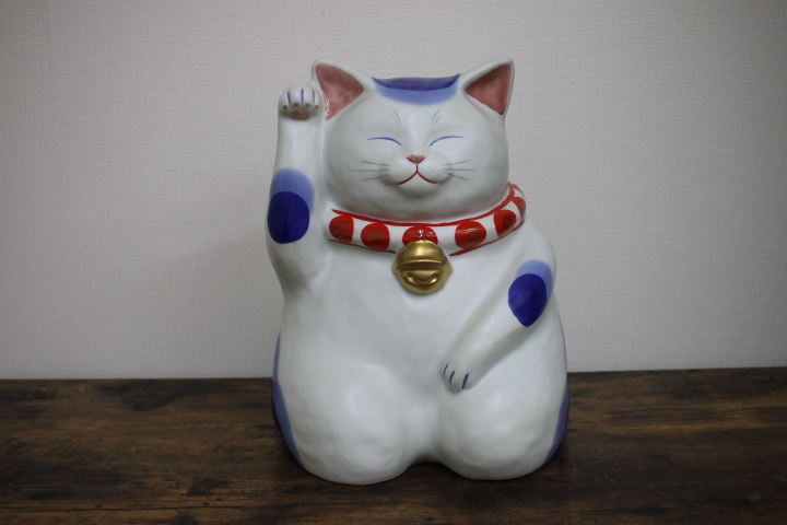 200917 特大31㎝ 作家もの もりわじん氏 青三毛招き猫 昭和レトロ