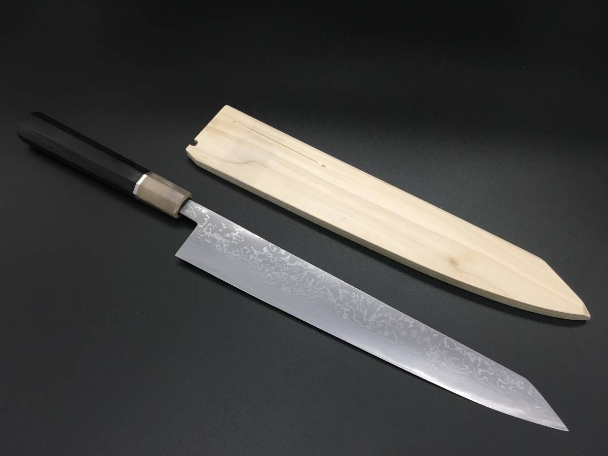 3298 マグロ包丁 鞘付き 刃渡500mm 鮪包丁 反り 黒檀黒水牛角八角柄