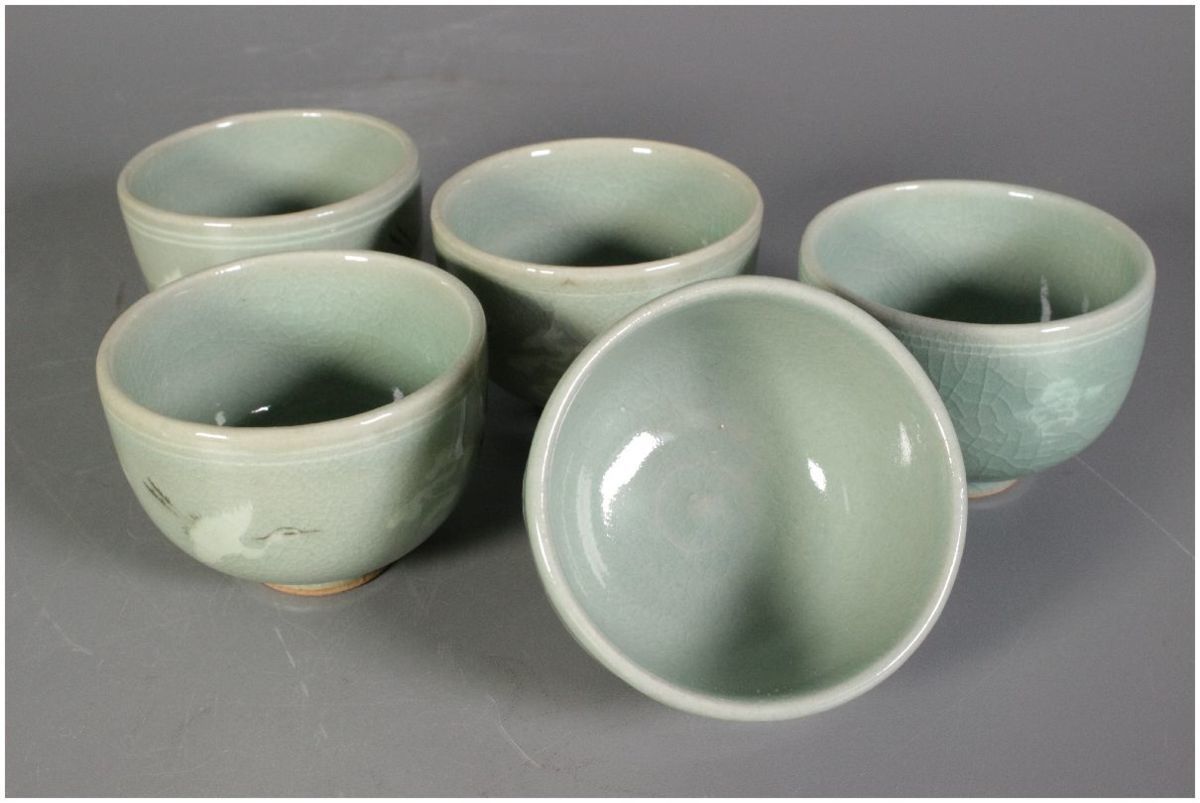 高麗 青磁 象嵌 雲鶴 茶道具 平茶碗 夏茶碗 青磁の皿