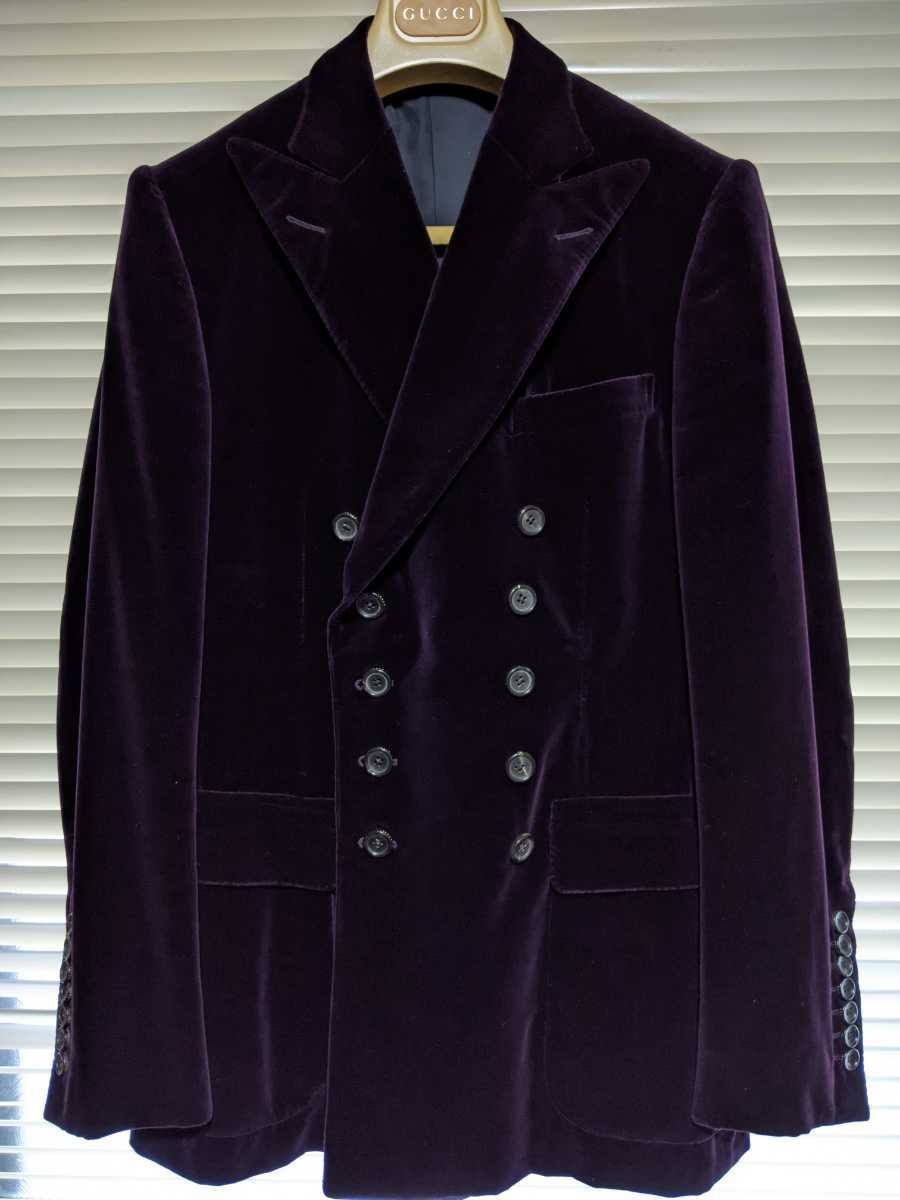 希少 Gucci グッチ ジョンレイ期 ベルベット ネイビー ジャケット 44 GUCCI☆ジョンレイ期ランウェイコレクション☆シルク混ベルベット