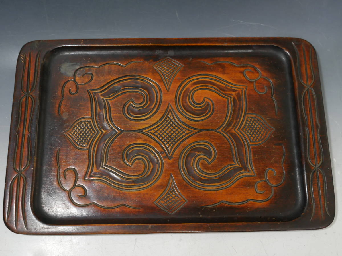 ◇アイヌ彫 アイヌ文様 盆 トレー 22×35cm /北海道 民芸品 民藝 木彫り