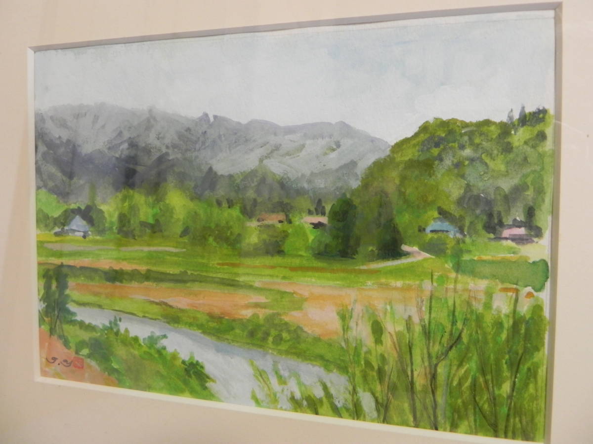 水彩画 風景里と山 額縁サイズ約３７ ４４ ５ 絵画サイズ約１５ ５ ２２ の落札情報詳細 ヤフオク落札価格情報 オークフリー スマートフォン版