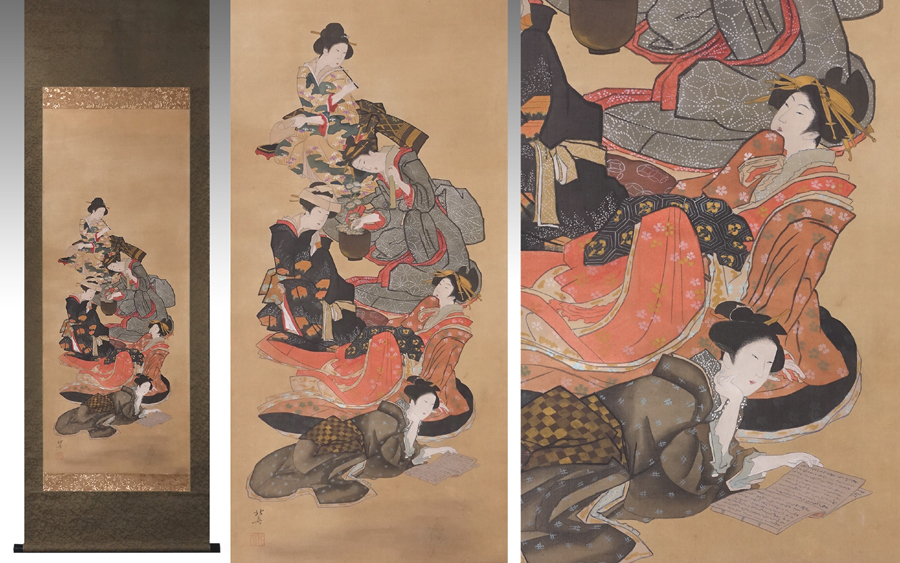 ∇花∇伝【葛飾北斎】筆 絹本着色青楼美人繁昌図(遊郭五美人図) 鮮やか