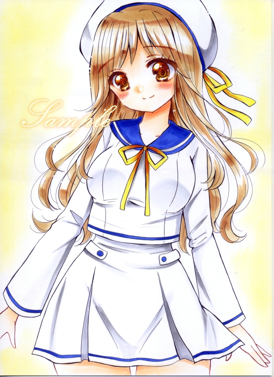 同人手描きイラスト◇オリジナル・白セーラー服の少女◇A4・ケント紙