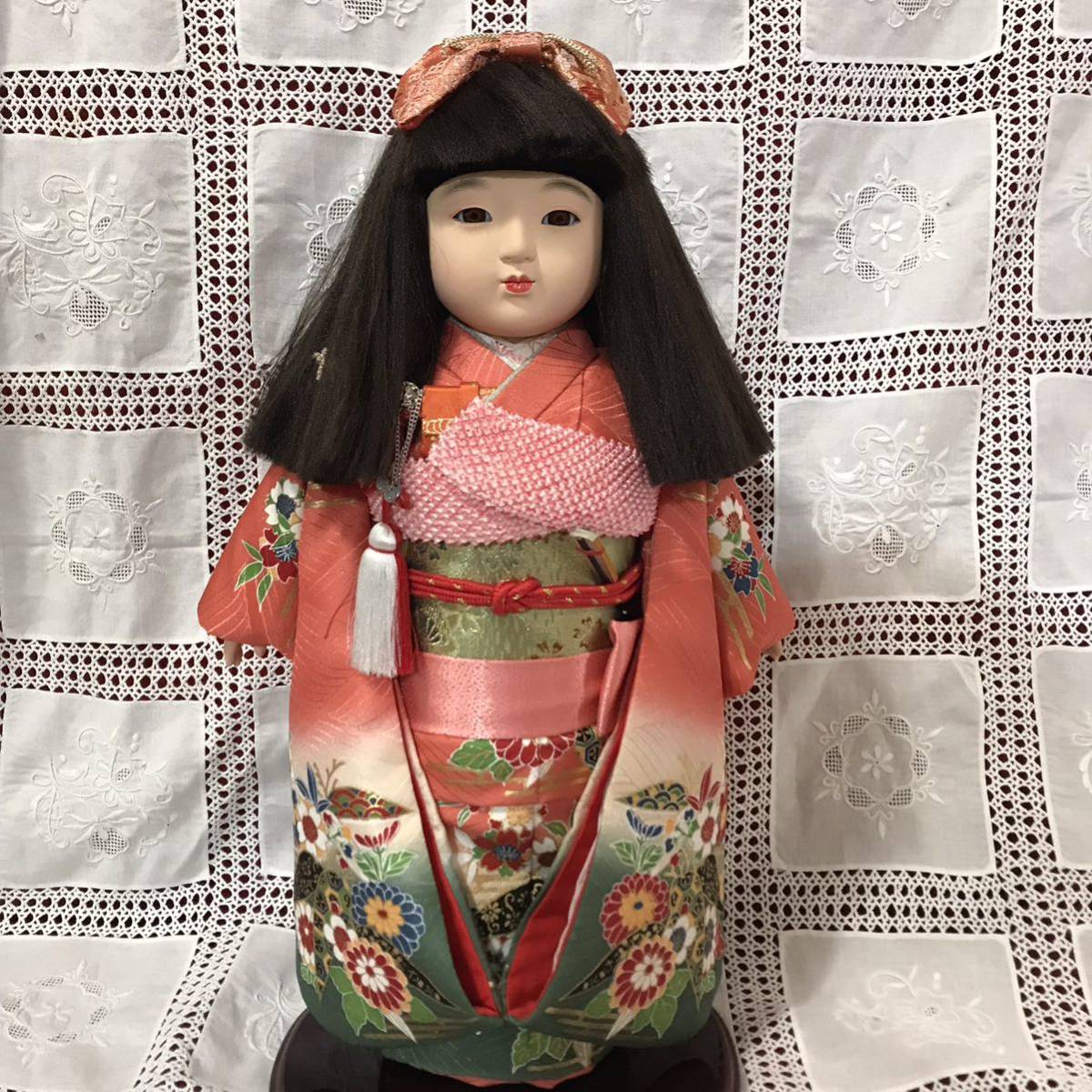 やや傷や汚れあり】B8555 市松人形 日本人形 韓紅色着物 女の子 ケース