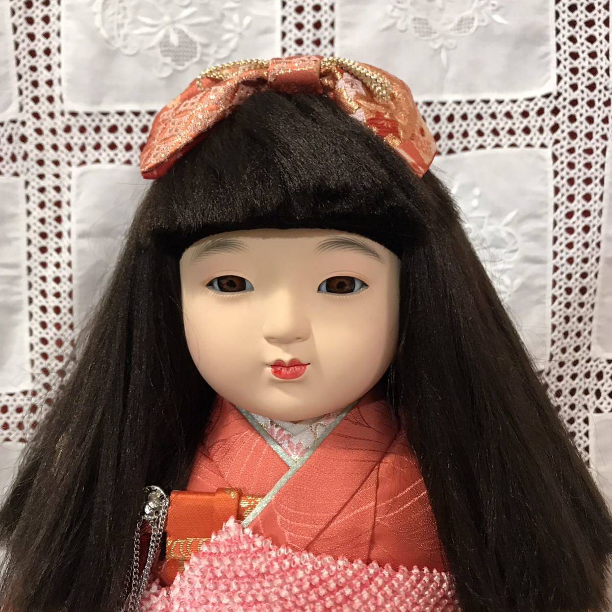 やや傷や汚れあり】B8555 市松人形 日本人形 韓紅色着物 女の子 ケース