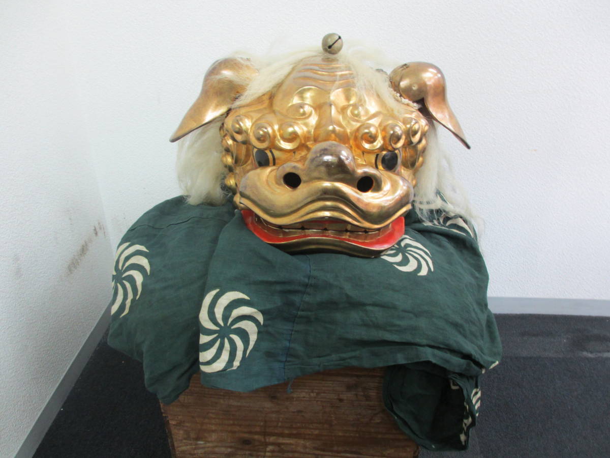 □時代物 獅子舞 獅子頭 宇津 権九郎 雄 雌 朱塗 金彩 木彫 伝統工芸