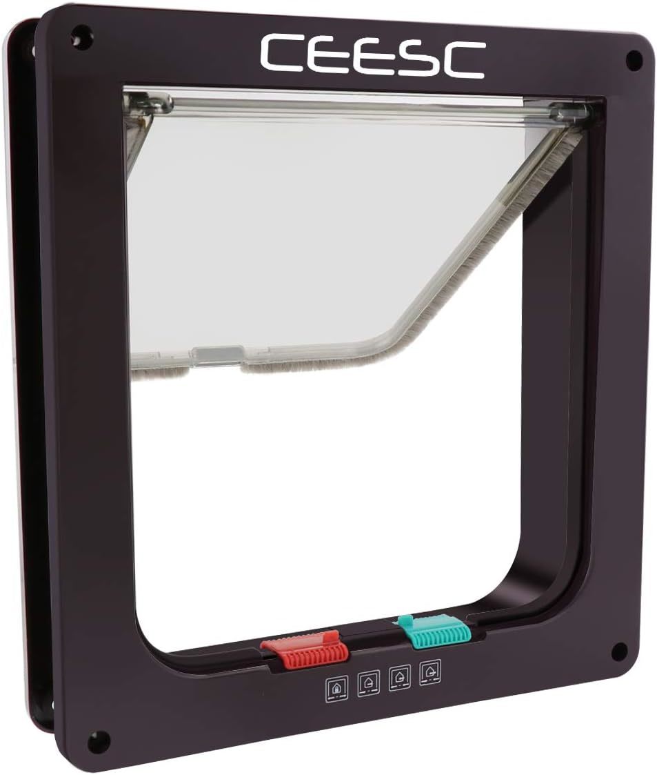 【未使用】CEESC 4WAY ペットドア 小型 犬 猫 ペット出入り口 ドア 勝手口 扉 冷暖房対策 日本語取扱説明書付き (ブラウン,の
