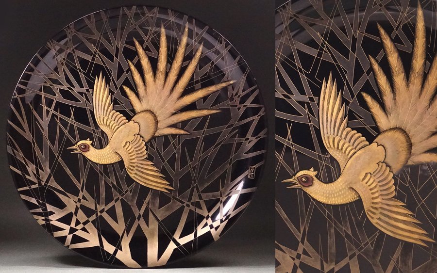 輪島塗漆器　二羽の鶴　相上　俊郎　作 輪島塗漆器 二羽の鶴 相上 俊郎 作